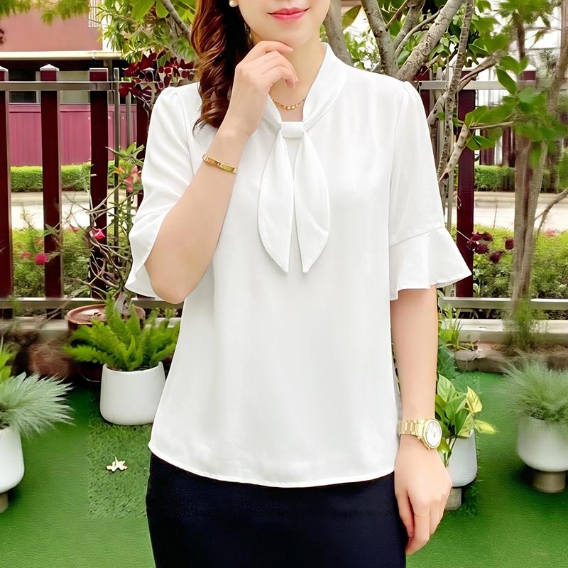 ZANZEA Women Elegant Round Neck Solid Color Loose Half Sleeve Blouse M белый