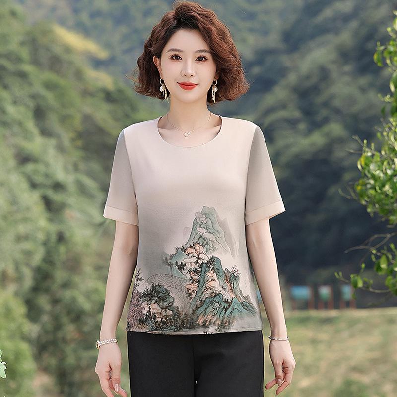 

Летняя блузка из шифона с коротким рукавом 2025 года для женщин среднего и пожилого возраста - Модная футболка с принтом 4XL for 135-145 kg