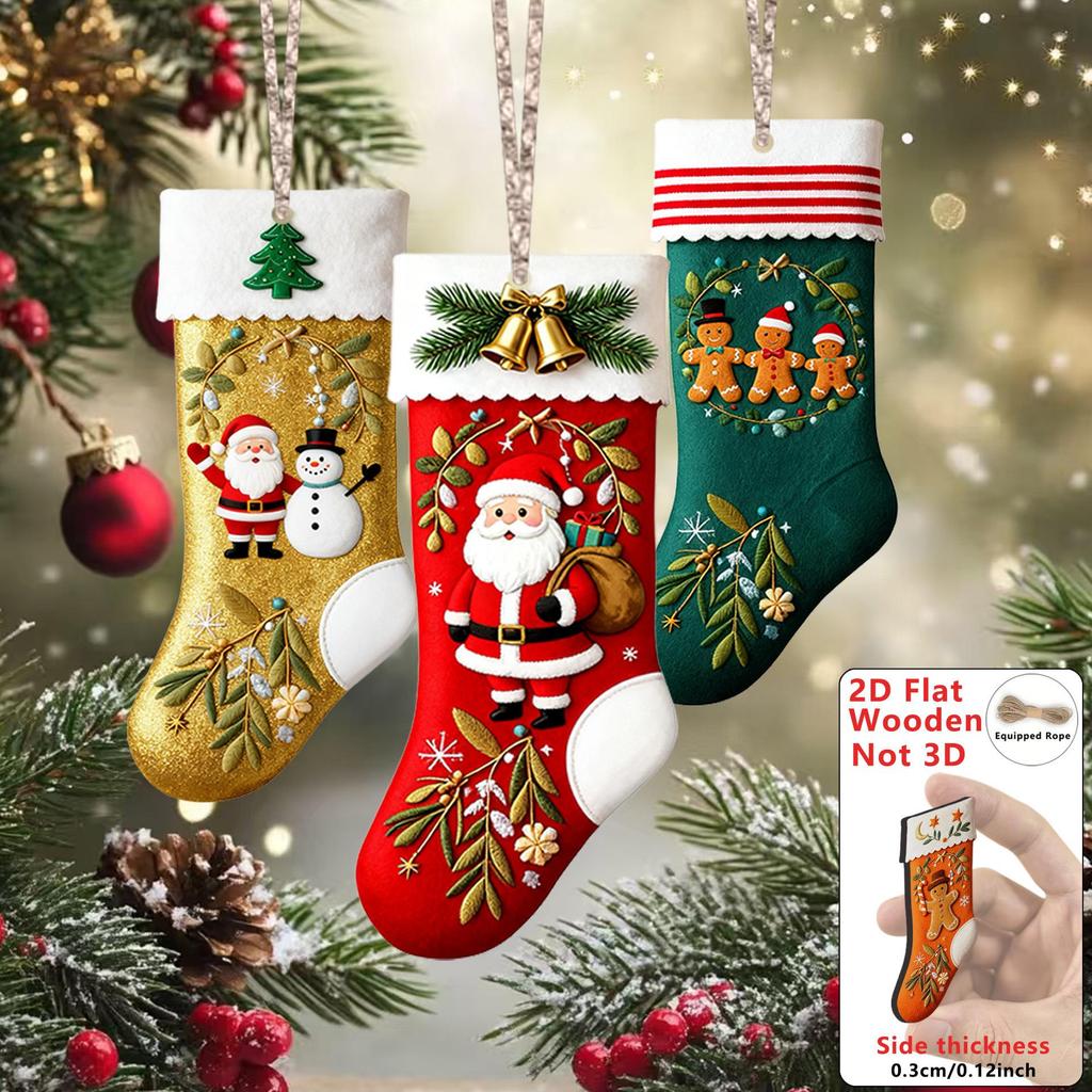 Creative 2D Flat Wooden Christmas Stocking Pendant for Festive Home Decor