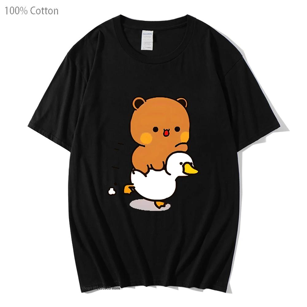 Cute Bubu and Duud Is Riding A White Duck Tshirt Panda and Brownie Bear Clothes Cotton T-Shirts for Men Women Couple