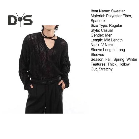 Pánský svetr podzim zima dutý elastická stahovací šňůrka dlouhý rukáv jednobarevný pletený pulovr top výstřih do V střední délka teplé pletené zboží