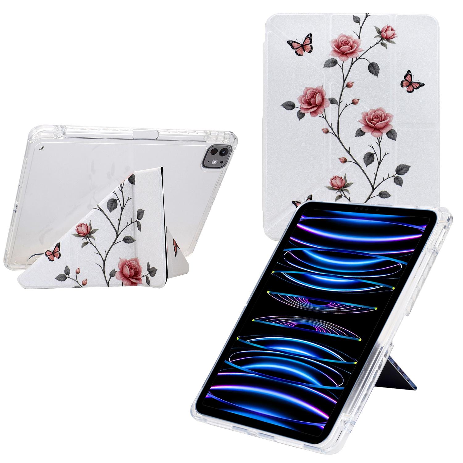 

Tablet Case For iPad Pro 12.9 (2022)/(2021)/(2020)/(2018),Stand Pattern Print Leather+Clear Acrylic Cover with Pencil Holder Rose Butterfly
