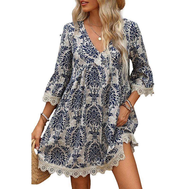 

Fashion Fashion Retro Printed V-neck Dress Women s 2025 Spring New Arrival Lace Edge Loose High Waist Short Skirt Women Blue L code fits (62.50 kg-70.00 kg