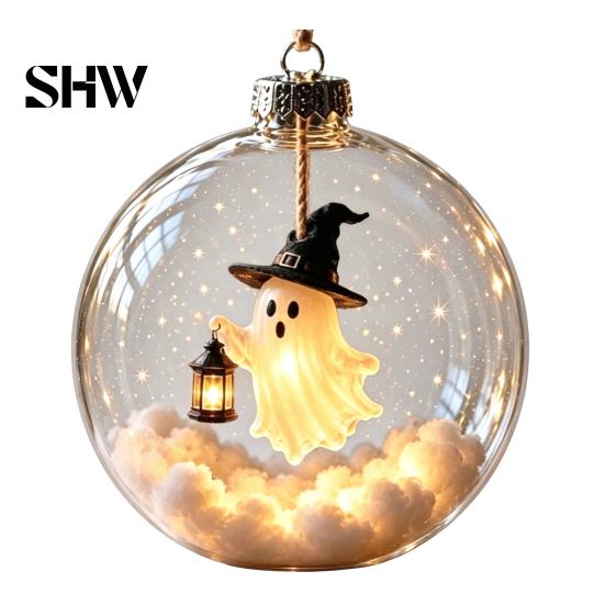 Halloween Hanging Decoration Glowing Sphere, Lighted Clear Ball Ornament, Cute Witch Seasonal Home Cat, LED for Indoor Mantel Party Decor Garden
