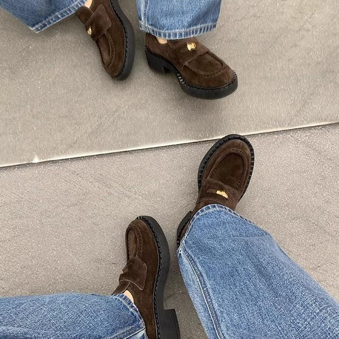 Cowhide~ Uncle Zhou's Women's Shoes Have a Thick Sole Height of 5cm, Small Leather Shoes, Women's Extravagance, Small Gold Coins, and Lazy Loafe