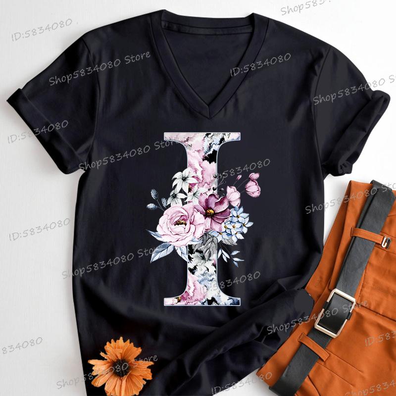 Womens Clothing AZ 26 Alphabet Flower Vintage Design Tshirts Retro Birthday Gift for Women Floral Letters A B C D Classic Top