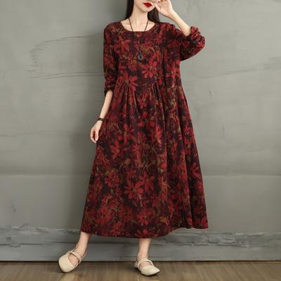 Real Autumn New Retro Loose Large Size Splicing Cotton and Linen Printing Round Neck Long Sleeve Dress Women's Long Dress