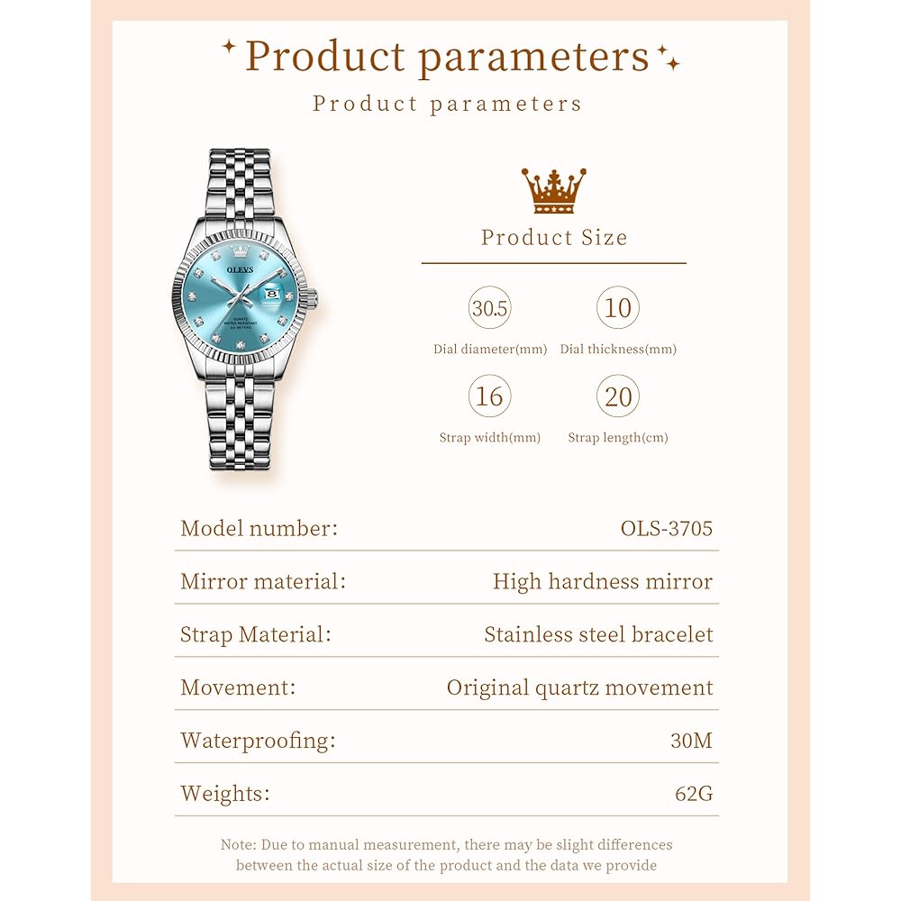 OLEVS Women's Fashion Dress Watch Analog Quartz Waterproof Stainless Steel Two-Tone Silver Strap Blue Dial
