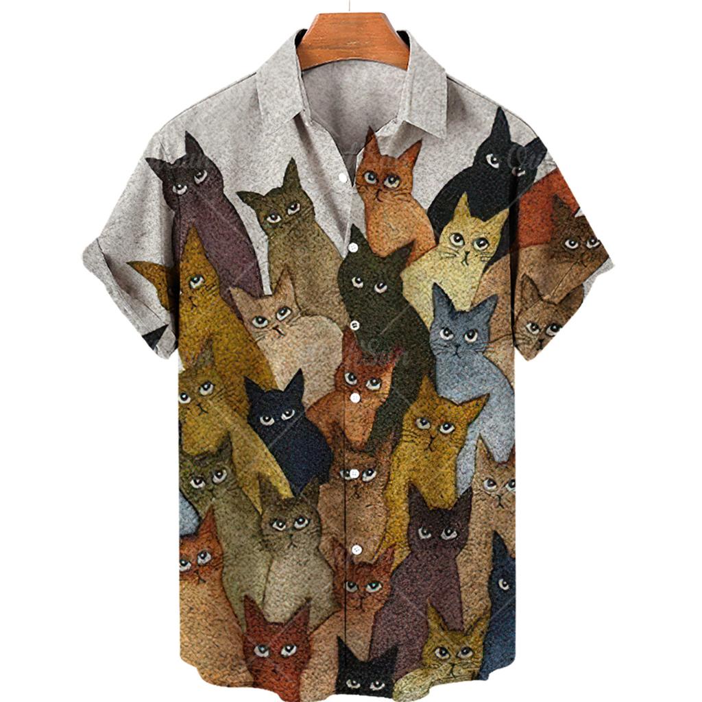 Herrenhemd mit süßem Katzenprint, lustige Anime-Katzen, Herrenhemd mit Knöpfen und Reverskragen, modisches hawaiianisches Kurzarm-Freizeithemd