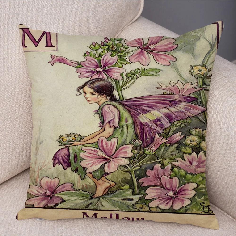 Vintage Floral Girl Pillowcase Decor Cute Cartoon Flower Elf Fairy Tale for Sofa Home Pillow Case Soft Plush Cushion Cover