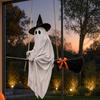 Cute Ghost with Broom Decoration Hanging Halloween Witch Hat and Broom, Spooky Flying Creative Welcome Ornament for Haunted House Porch Tree