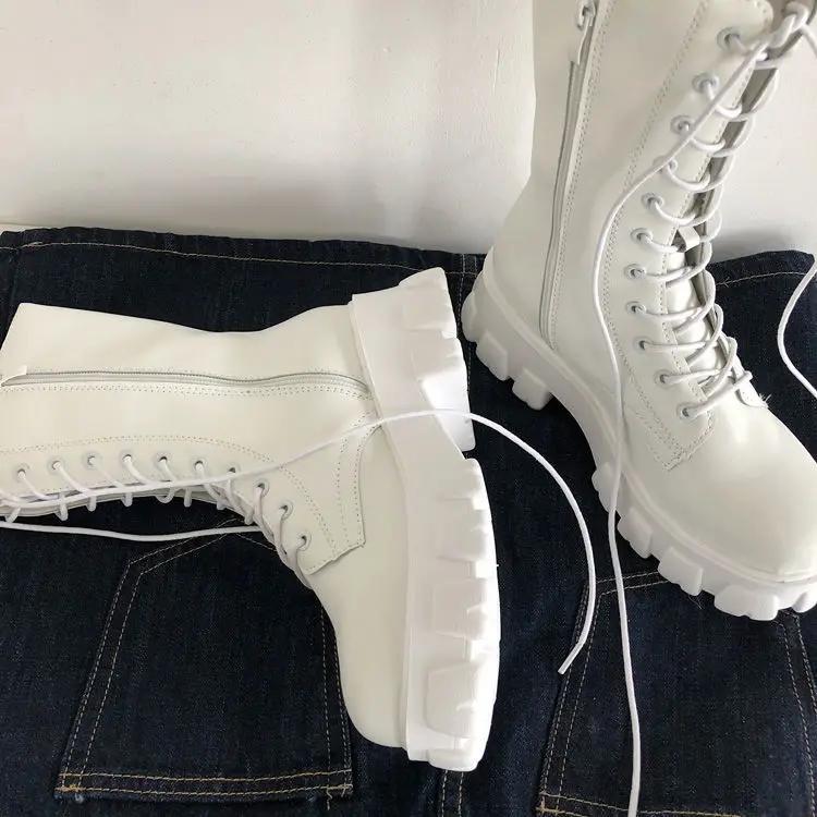 Mid Calf Boots Women Autumn Winter Lace-up Ladies Chelsea Zipper Boots Sports Platform Heel Ladies Shoes