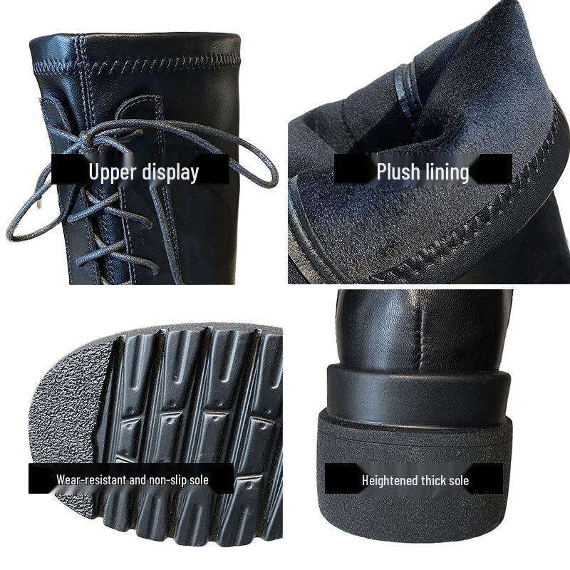 Women's Black Leather Thigh-High Lace-Up Platform Boots - Over-the-Knee, Height-Enhancing, Riding Martin Style