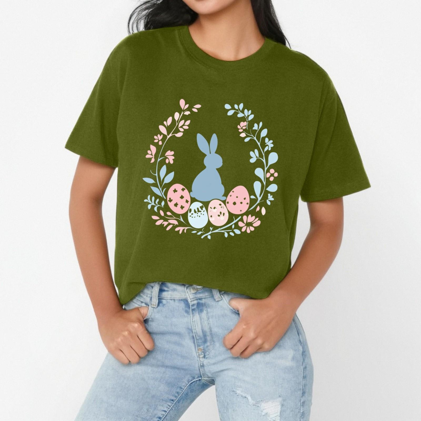 

Женская повседневная свободная футболка с пасхальным принтом, круглый вырез, пуловер, короткий рукав, топ L армия зеленый