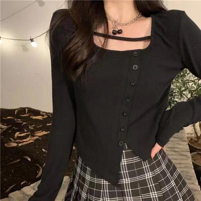 Korean Fashion Black Long Sleeve T-shirts Women Y2k Preppy Hollow Out Irregular Grey Crop Tees Sweet Slim Knitted Tops