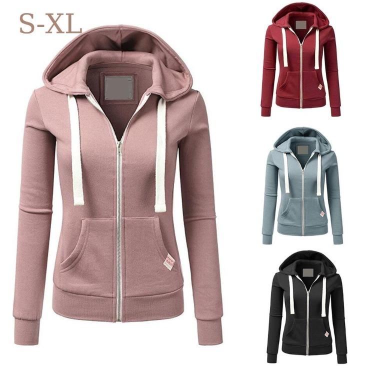Ladies Floral Autumn Outwear Hoodie Long Sleeve Zipper Coat Sports Top with Pockets