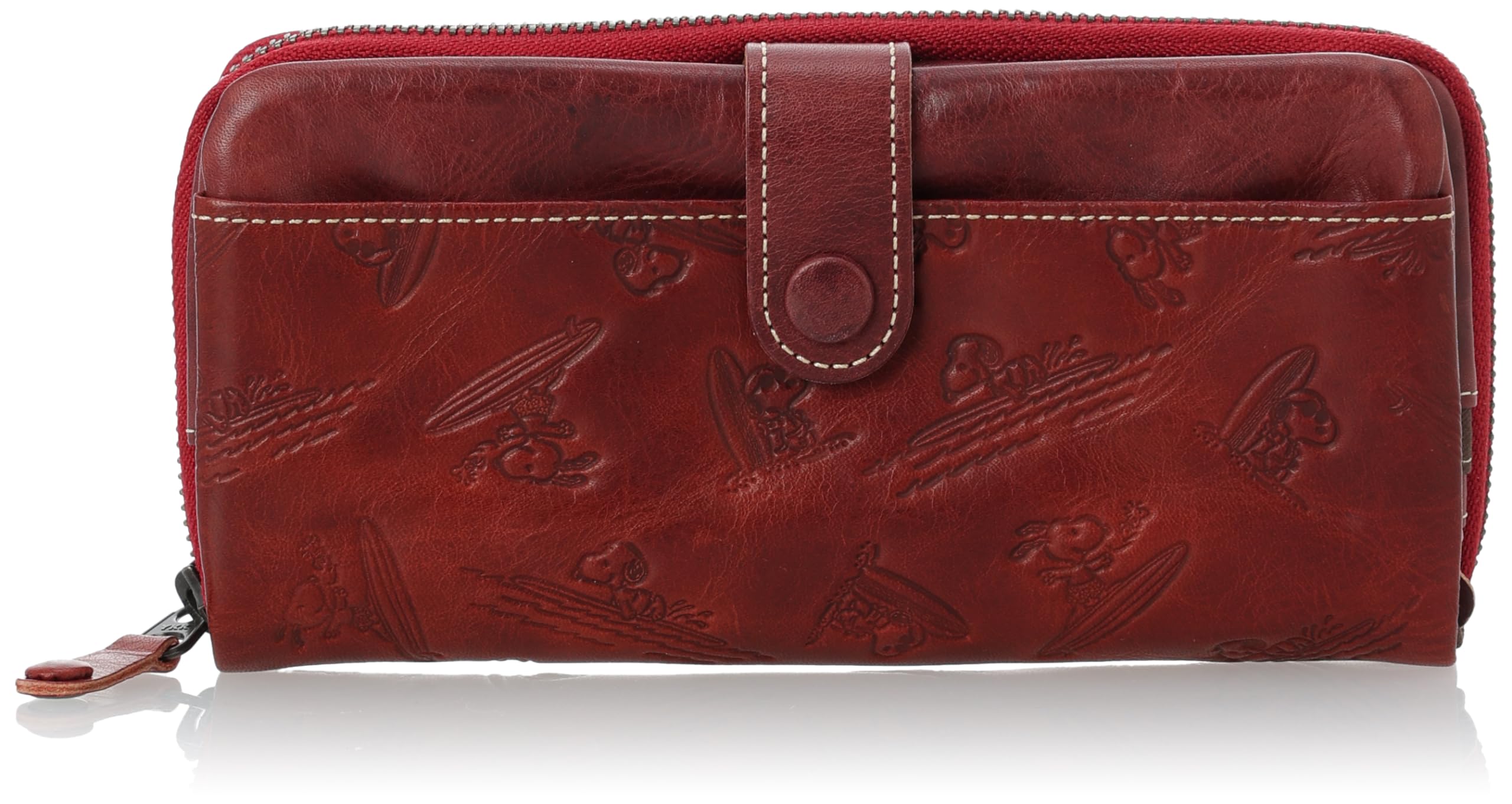 

PEANUTS SNOOPY Fun Fun Wallet Long Wallet Leather Large Capacity Round Zipper Cowhide Genuine Leather Leather Button Pocket Snoopy Surfing 57516 Red