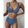 Big Pit Strip High Waist Pure Color Bikini Double Shoulder Belt Split Swimsuit Women's Swimsuit