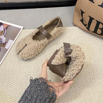 Schuhe Frau Ballerinas Slipper Fell Runde Zehe Herbst Lässig Kleid Mokassin Herbst Winter Freizeit Schnalle Flock Rubb
