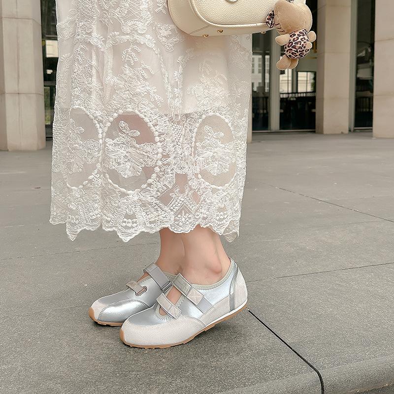 Color Matching Leather Inner Height Increase Cm Pair of Velcro Soft-soled Ballet Single Shoes Mary Jane Sports Style Casual Shoes Women