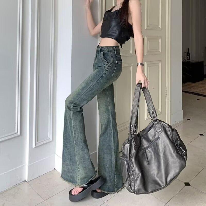 

Distressed Vintage Low-Rise Micro-Flare Women s Jeans, Summer American Style, Raw Hem, Slimming Fit XL