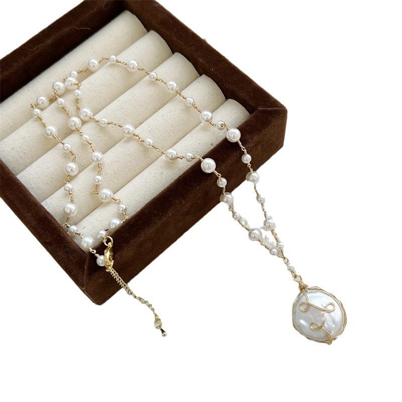 Natural Baroque Pearl Necklace for Women, Hand-woven Long Sweater Chain, Light Luxury and Popular Niche Long Accessories