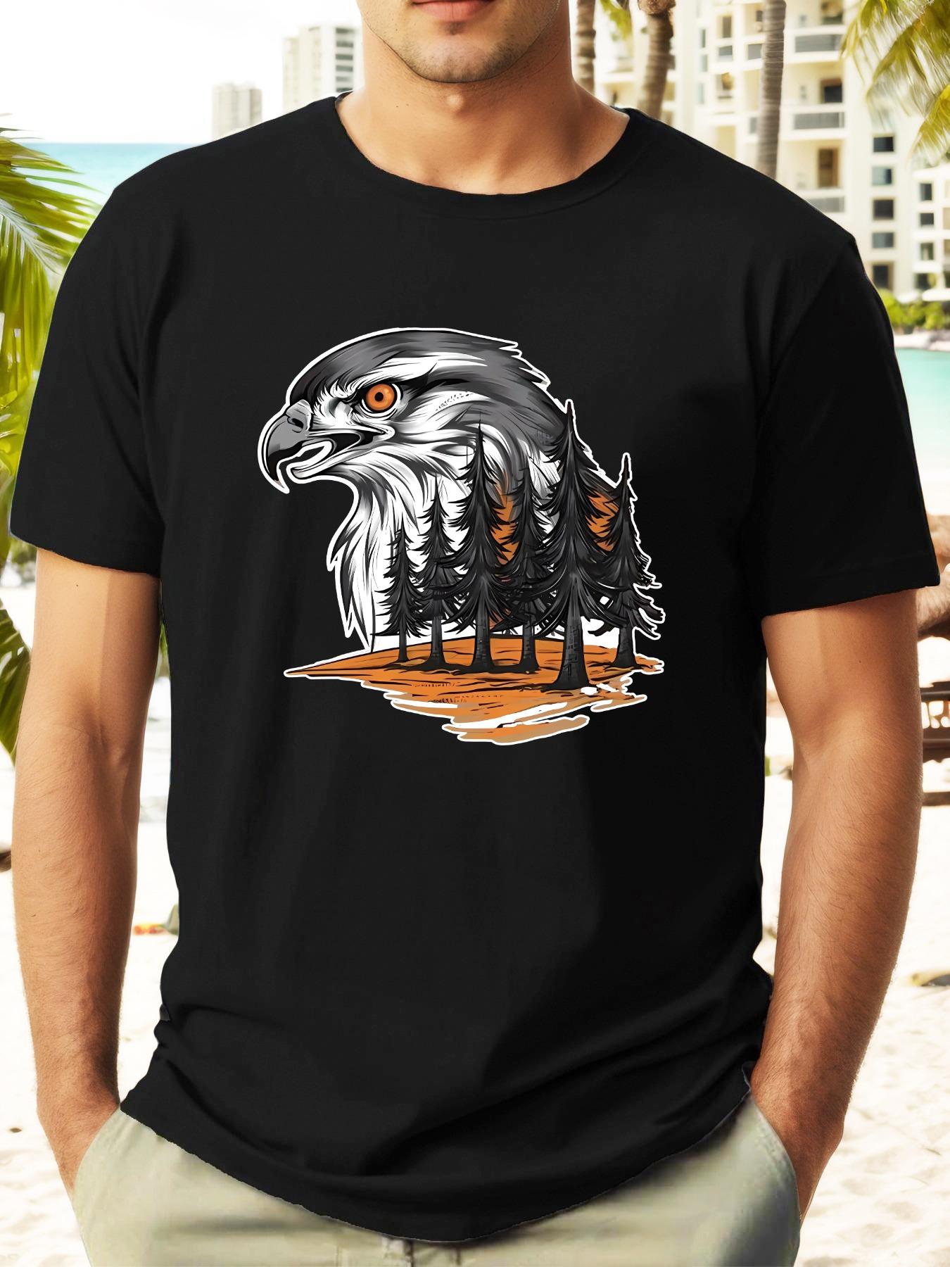 Eagle & Forest Graphic Print Short Sleeve T-shirt - Maroon Casual Summer Tee L