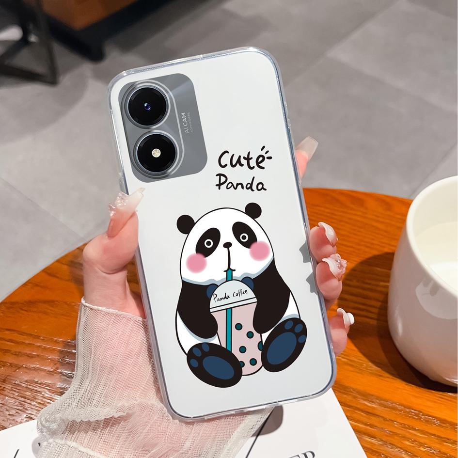 Phone Case For Vivo Y20 Y27 Y36 Y02S Y10 Y15 Y21 Y33 Cover Cute Panda Shockproof Clear Camera Protection Matte Soft Silicone Housing For Vivo Bumper
