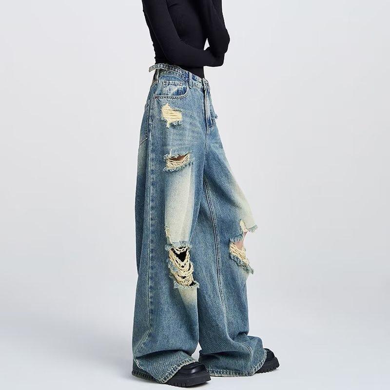 Retro High Street Ripped Jeans for Women Fashion Straight Denim Trousers Baggy Wide-leg Pants Y2k Streetwear Female Plus Size