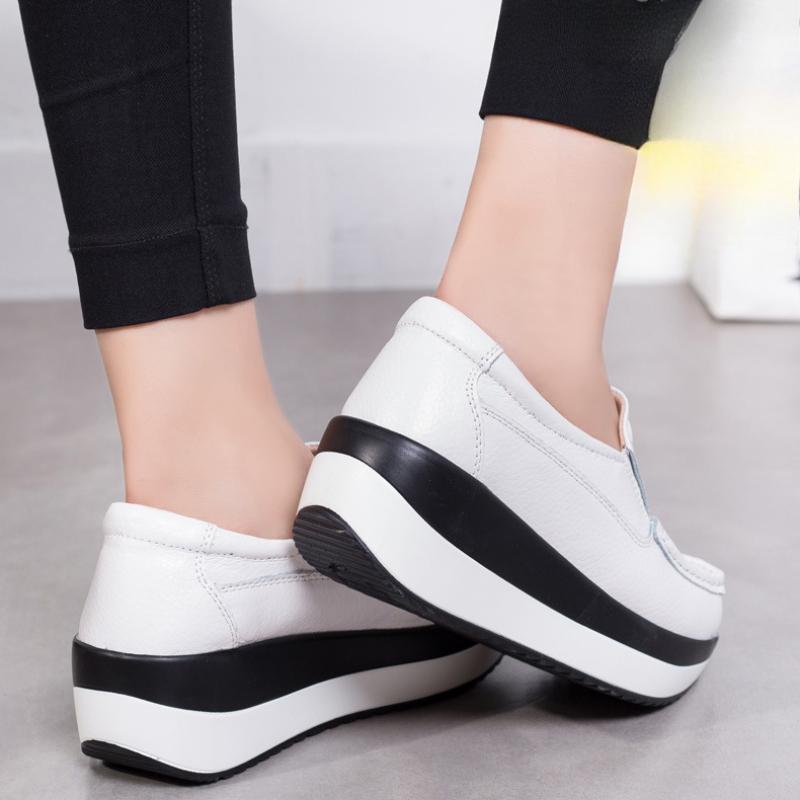 Genuine Leather Wedges Heels Shoes Fashion 5cm Platform Shoes Women Non-slip Walking Loafers
