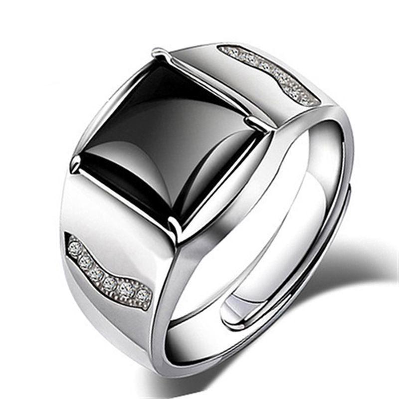 S925 Silver Plated Men s Black Agate Domineering Open Ring with Faux Gem Adjustable Open Ring чёрный