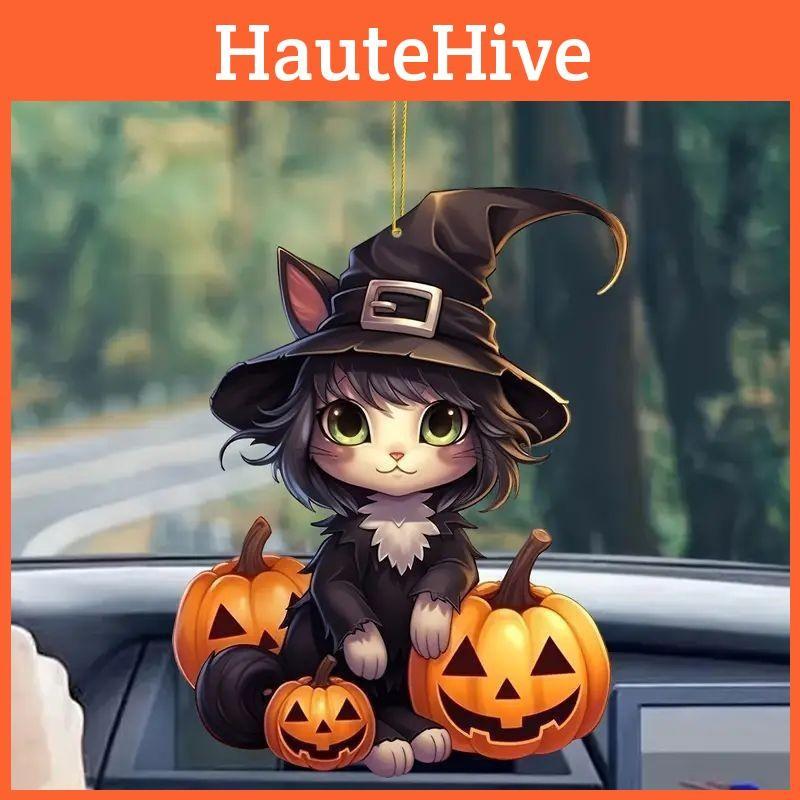 Flat Acrylic Halloween Surface Pendant With Cartoon Witch Cat Design Pumpkin