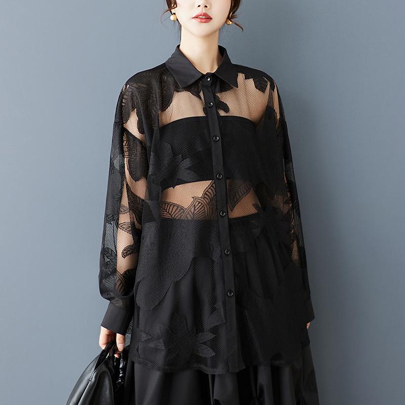 DIMANAF 2025 Plus Size New Summer Blouse Lace Shirt Women Loose Long Sleeve Shirt Black Casual Tops Tees