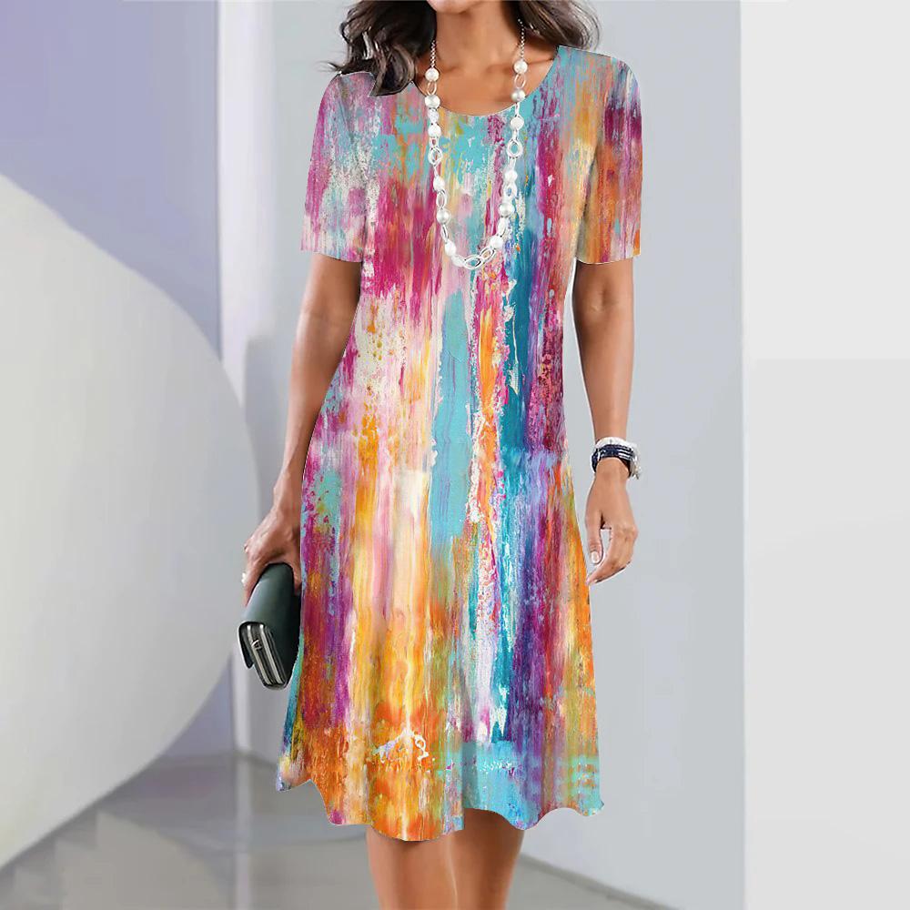 Summer Women's Fashion Round Neck Short-sleeved A-line Dress 3d Colorful Printing Casual Loose Dress