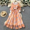 French romantic style V-neck lantern sleeve printed dress women's lapel slim-fitting waist and thin A-shaped long dress