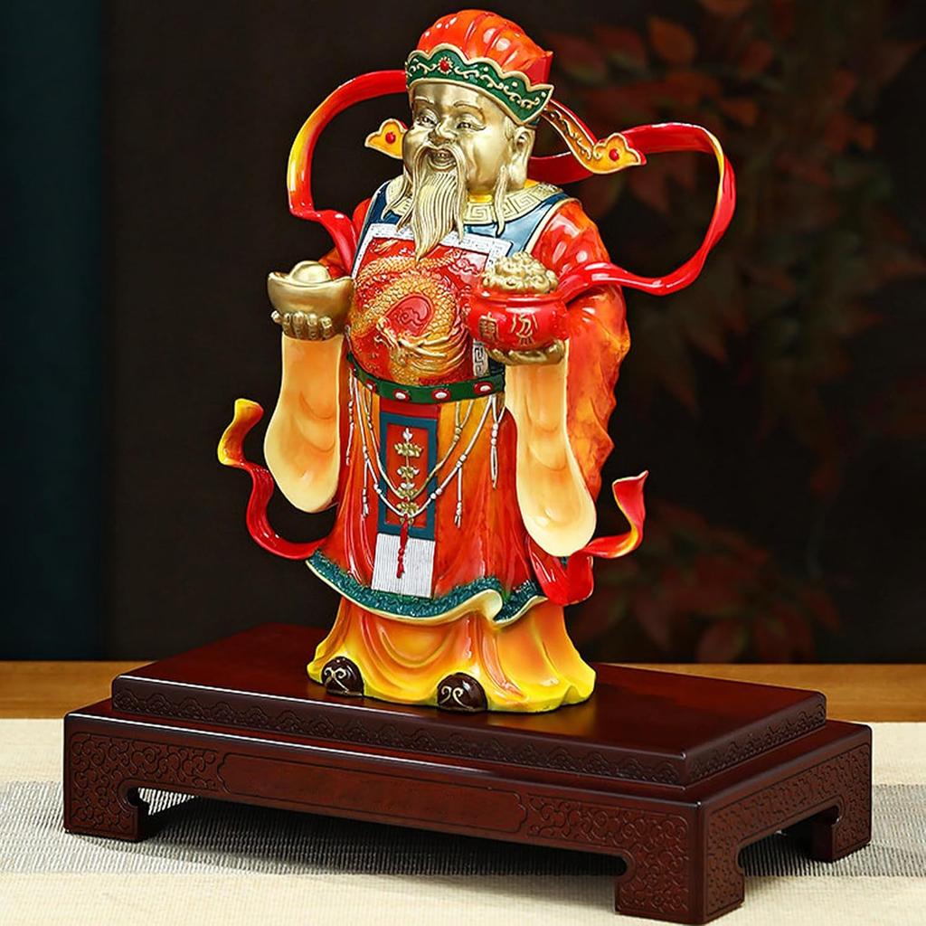 Aris & Juno Chinese Feng Shui God of Wealth Decoration Set - Zhao CAI Jin Bao Figurine with Brass God of Wealth and Yuan Bao for Home Office Decor,