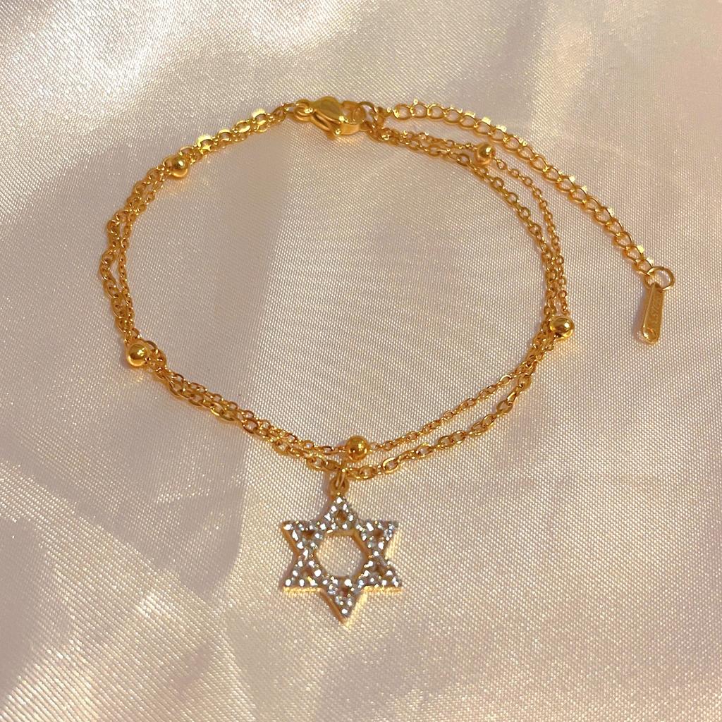 Jeshayuan Bling Zircon Star Of David Bracelet For Women Double Layer Beads Chain Bracelet Stainless Steel Je Bracelet Gift