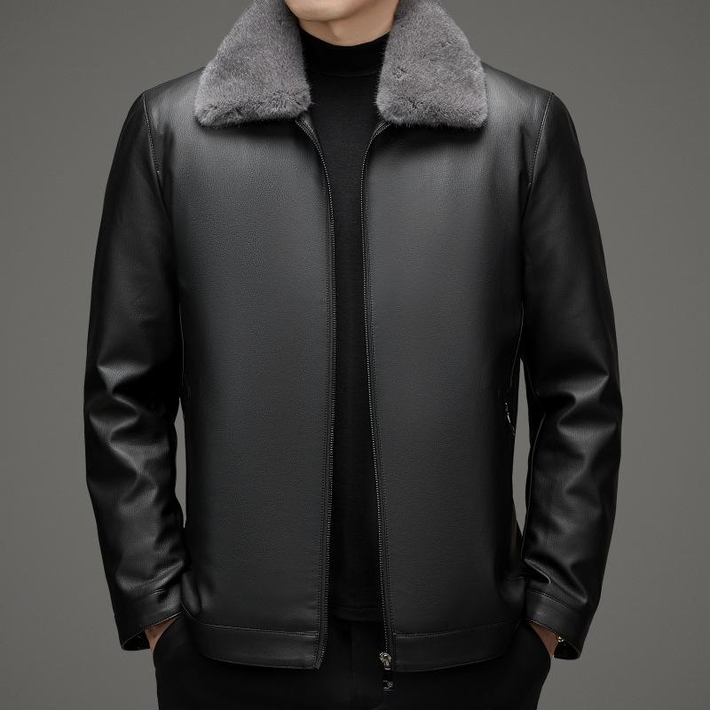 Кожаная куртка с воротником из натурального меха — фото 3