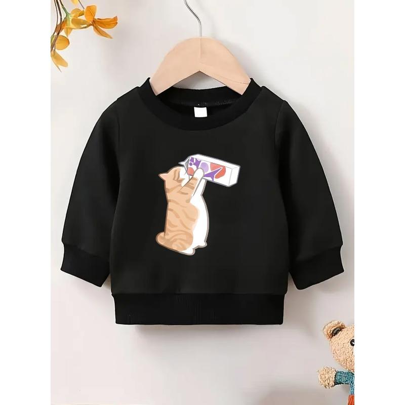 European sizes Cute Cat Print Kids' Hoodie | Thin, Comfortable Round Neck Sweatshirt For 0-3 Year Olds, Ideal Outdoor Wear