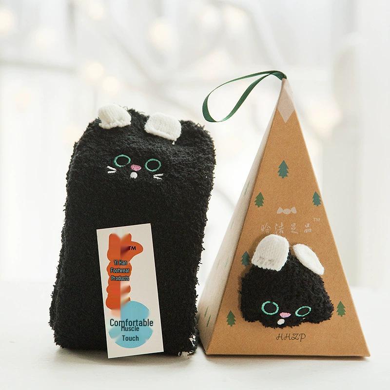Japanese Christmas Cartoon Socks: Cozy Coral Fleece with 3D Embroidery for Women