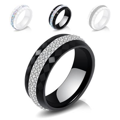 Anello in Ceramica Bianco e Nero da 8MM con Doppia Filettatura di Diamanti Intarsiati per Donna
