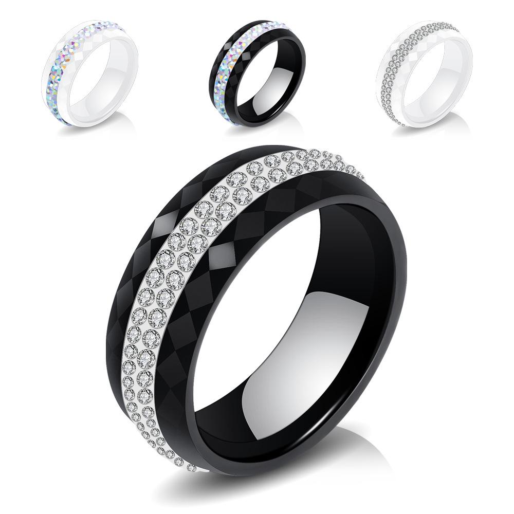 8MM Black and White Ceramic Ring with Dual Row Inlaid Diamonds for Women