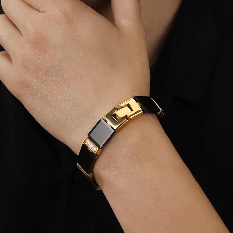 Mens Ceramic Titanium Steel Bracelet With Magnetic Therapy Geometric Design Black Gold Tone Luxury Casual Accessory