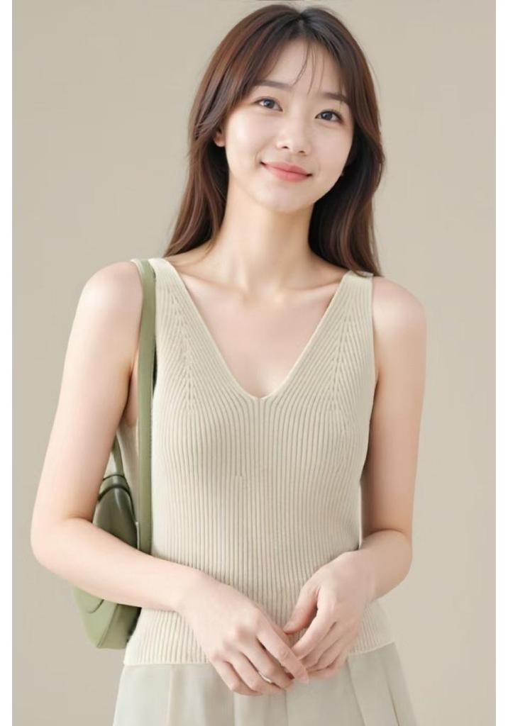 Women's V-Neck Cashmere Spaghetti Strap Vest - Warm Ribbed Sleeveless Base Layer for Autumn/Winter.