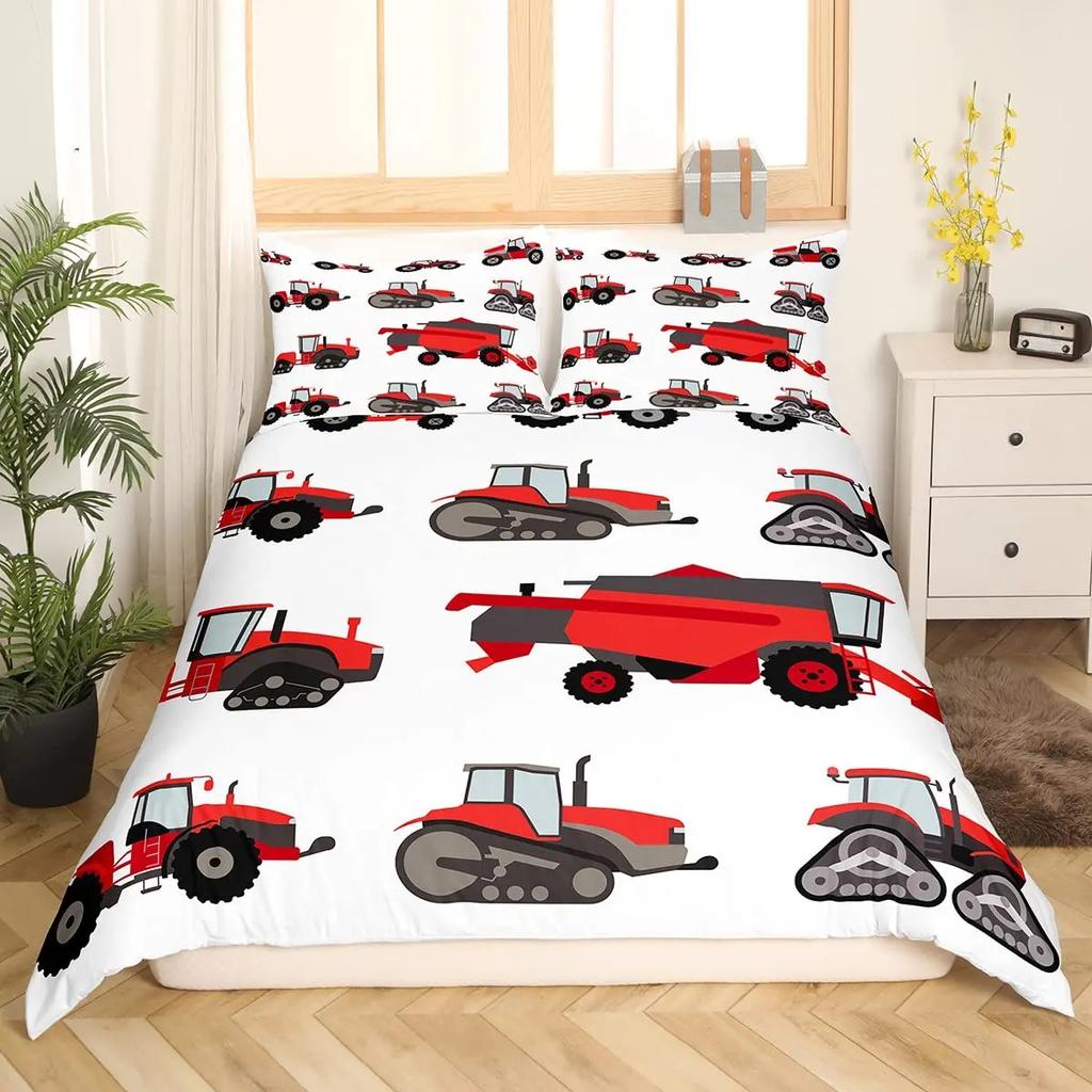Truck Excavator King Queen Duvet Cover Yellow Tractor Bedding Set For Kids Boys Girls Cartoon Car Transporter 2/3Pcs Quilt Cover
