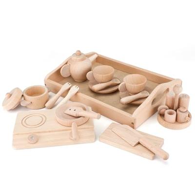 TUGO Holz-Rollenspiel-Set - Pädagogisches Spielzeug für Rollenspiele, Holzspielzeug mit Geschirrbox, Kochgeschirr, Tellern, Töpfen und Tafelgeschirr, Küchenspielzeug, Holz