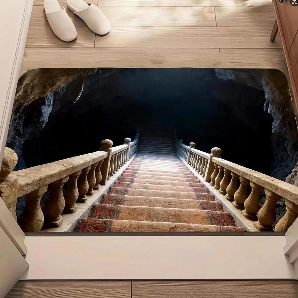 2D Print Water Cave Door Mat Deep Blue Staircase Design Welcome Entrance Rug Soft Non-Slip Visual Illusion Doorway Decor Mat
