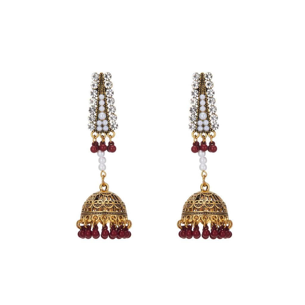 Bohemian Crystal Pearl Tassel Bell Stud Earrings - Indian Retro Style Fashion
