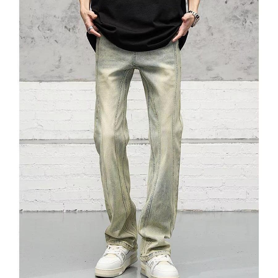 Unisex American Retro Flared Yellow Mud-Dyed Jeans