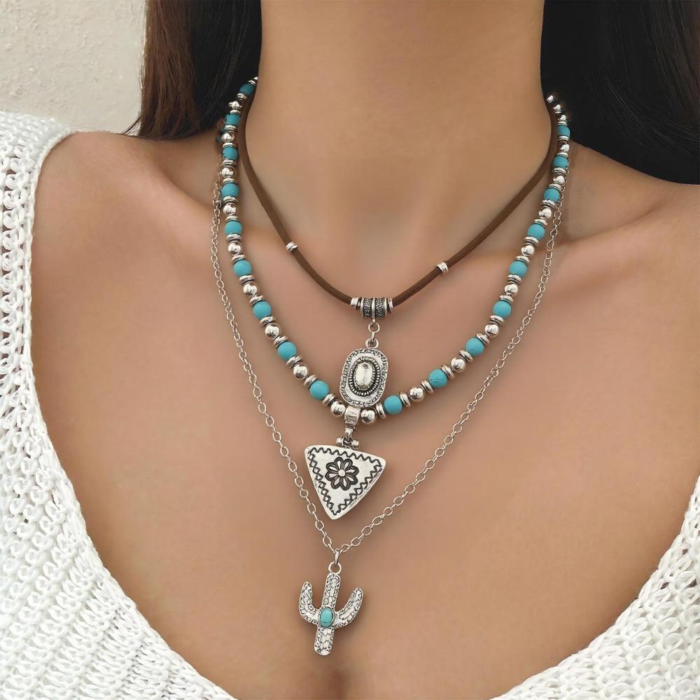 Evropský a americký retro imitace tyrkysu hlava krávy klíční kost exotický etnický styl kaktus kovbojský klobouk vrstvený s korálkovým náhrdelníkem